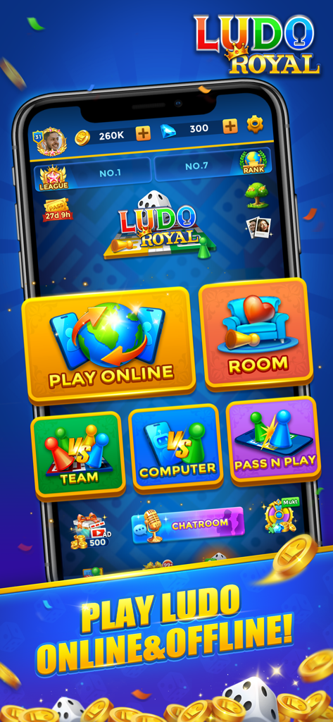 Ludo Royal app main menu showing game modes for online and offline play with voice chat feature