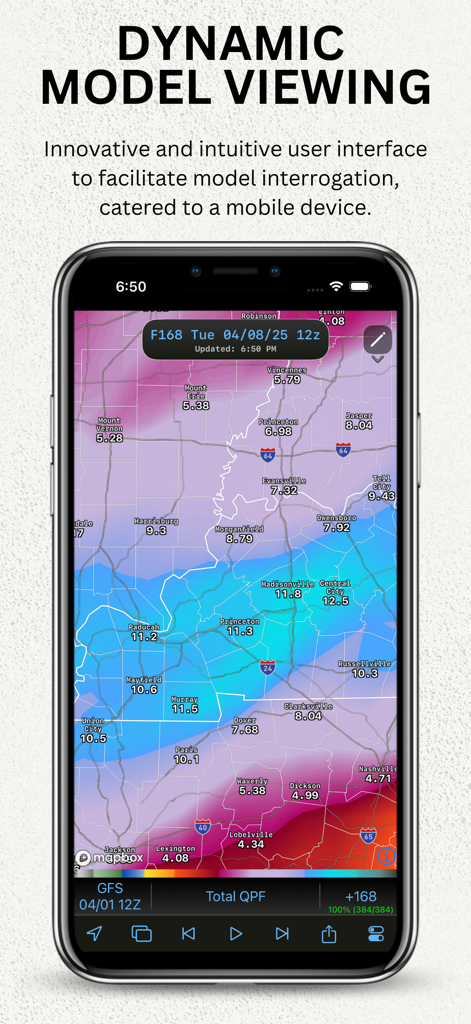 WeatherFront - Radar & Models - WeatherFront app interface showing dynamic model viewing of GFS weather data on a mobile device.