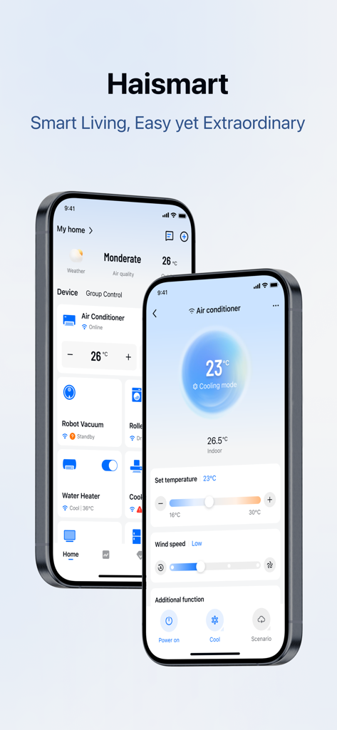 Haismart app interface showing smart home dashboard and air conditioner remote controls.