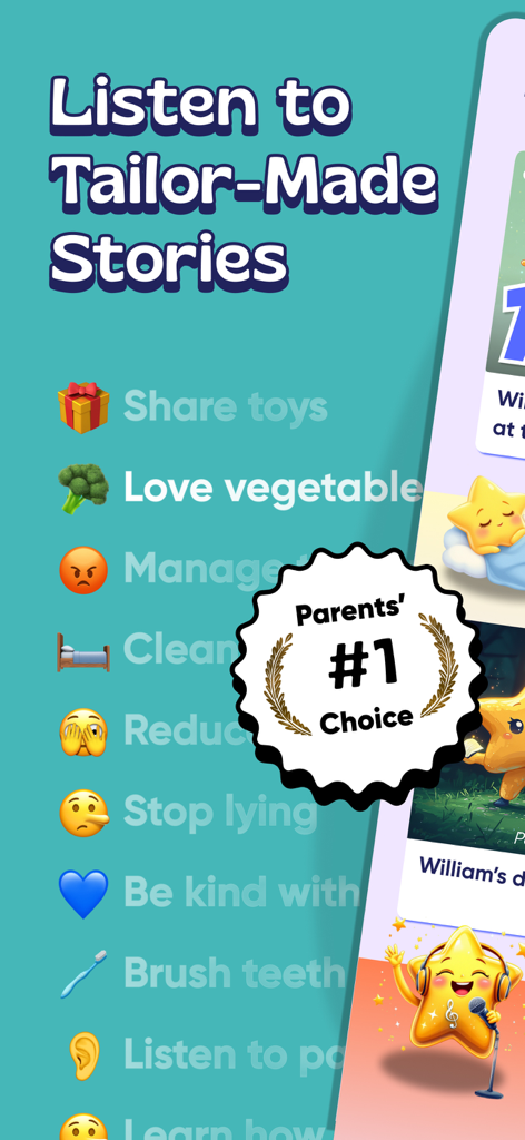 Boon - Stories for Kids - Boonアプリのインターフェース。子供向けのパーソナライズされたオーディオストーリーのリストが表示され、教育的なテーマと「Parents Choice」バッジが付いています。