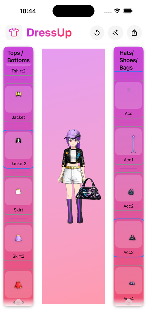 Rumi Hundrix: Dress Up Game - Interface of Rumi Hundrix Dress Up Game showing an anime character being styled with various clothing and accessory options.