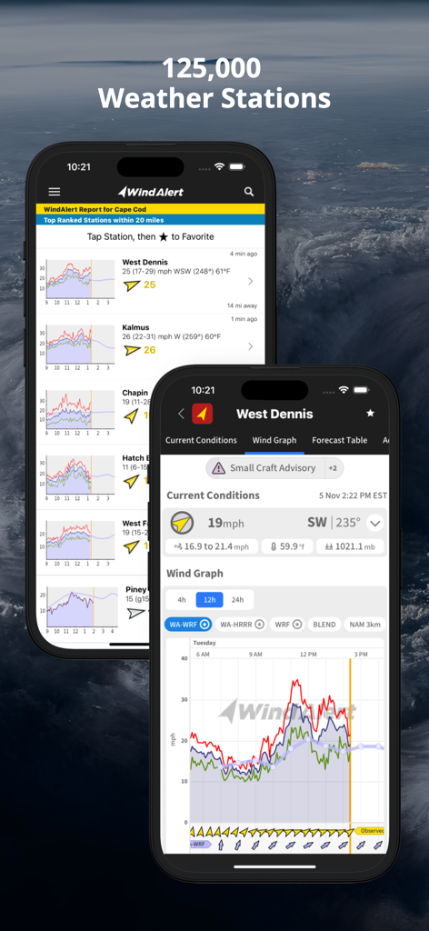 WindAlert: Wind & Weather Map - WindAlert app displaying a list of weather stations and a detailed wind graph for marine forecasting