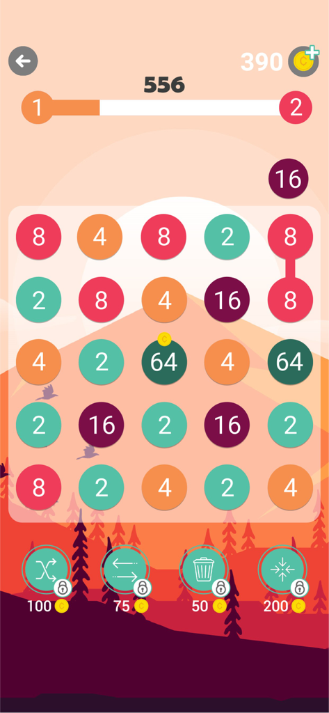 Gameplay screenshot of 248 Number Connect showing a grid of numbered circles with a minimalist mountain background and game boosters