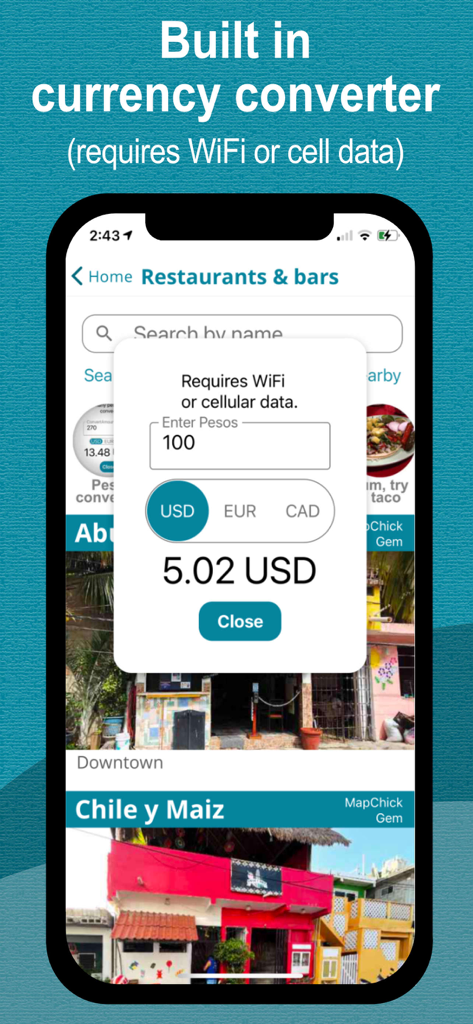 MapChick's Isla Mujeres - MapChicks Isla Mujeres app built-in currency converter converting 100 pesos to USD