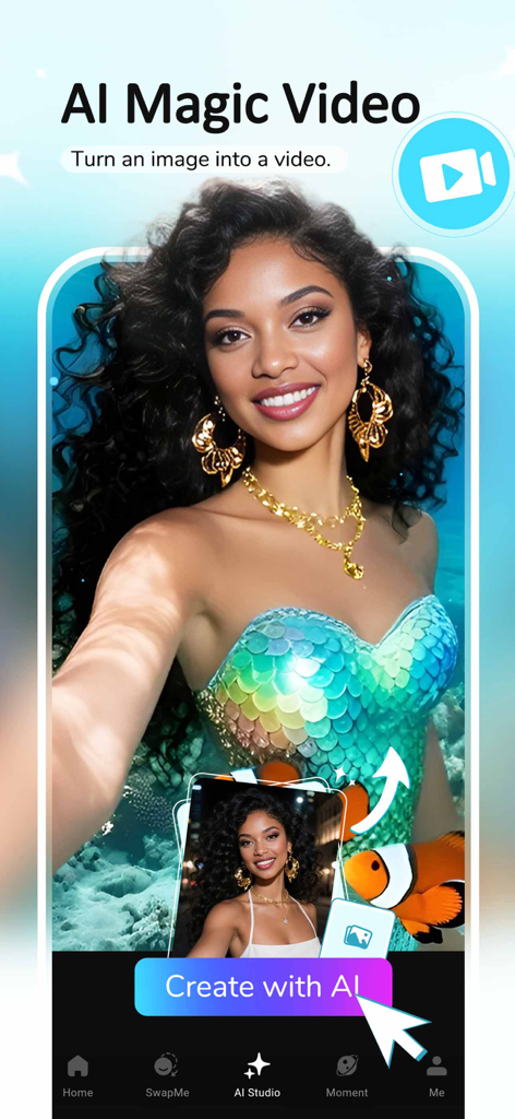 FaceFun: AI Video Generator - FaceFun app screen showing how to create an AI magic video of a woman as a mermaid
