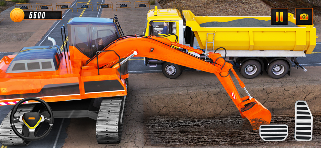 Excavator Truck Simulator 2024 - Una excavadora naranja excavando tierra junto a un camión volquete amarillo en un juego de simulación de construcción