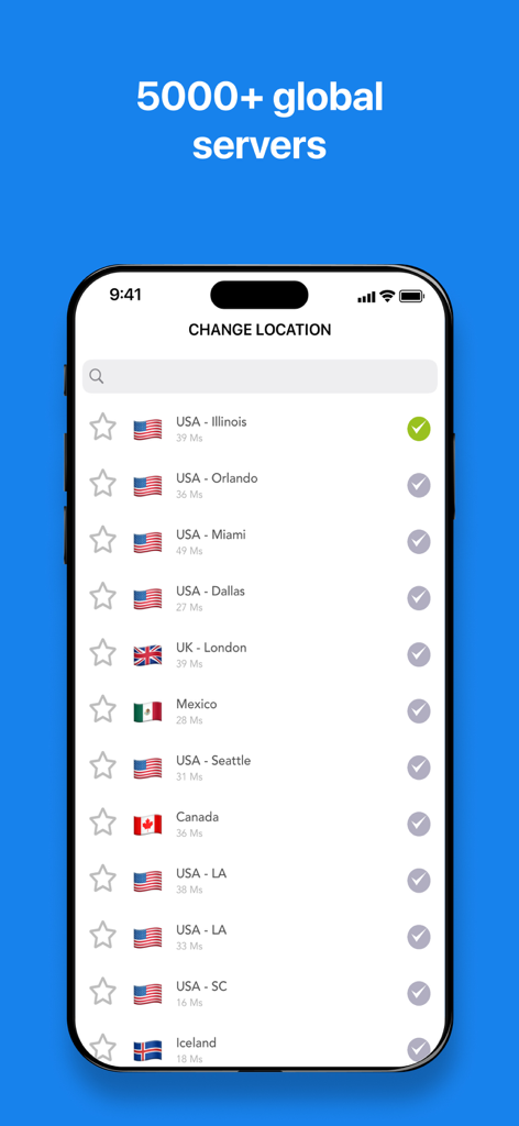 VPN app screen showing a list of over 5000 global server locations including USA and UK