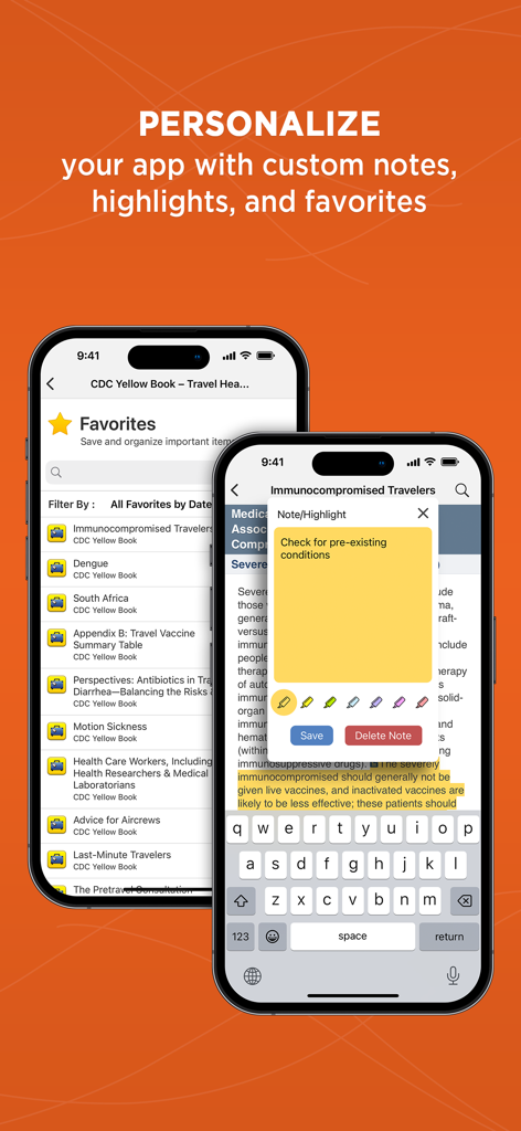 CDC Yellow Book - Screenshot of the CDC Yellow Book app showing personalization features like favorites list and custom text highlights with notes