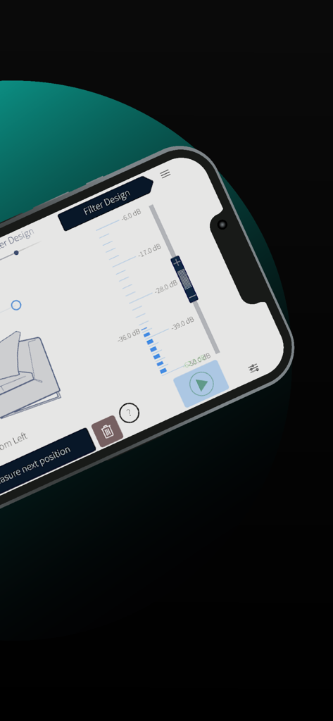 Dirac Live - Dirac Liveアプリのインターフェース、オーディオキャリブレーション用のフィルターデザイン設定とデシベル調整スライダーを表示