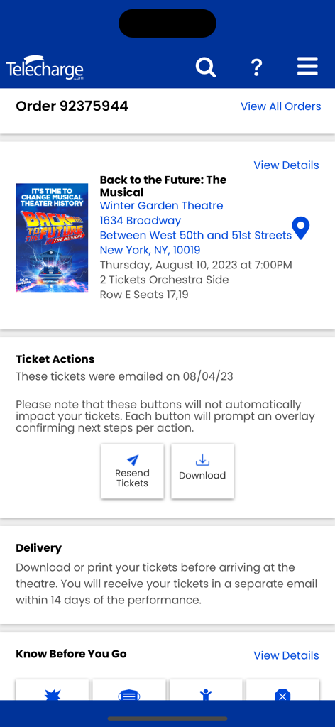 Digital order confirmation for a Broadway show in the Telecharge app