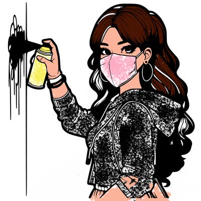 realistic girl with mask spray painting a wall