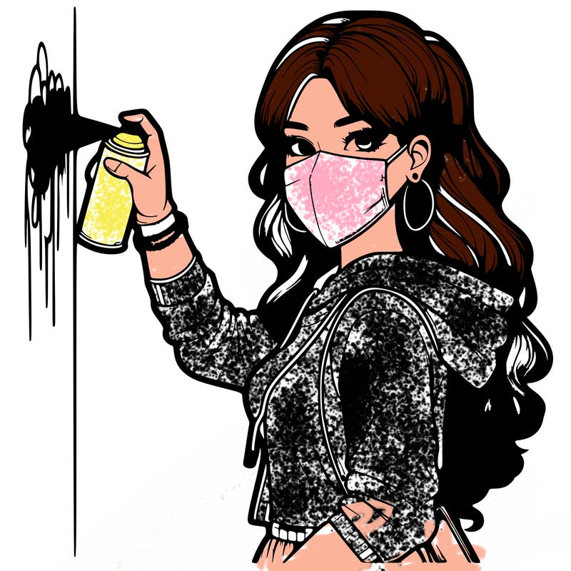 realistic girl with mask spray painting a wall