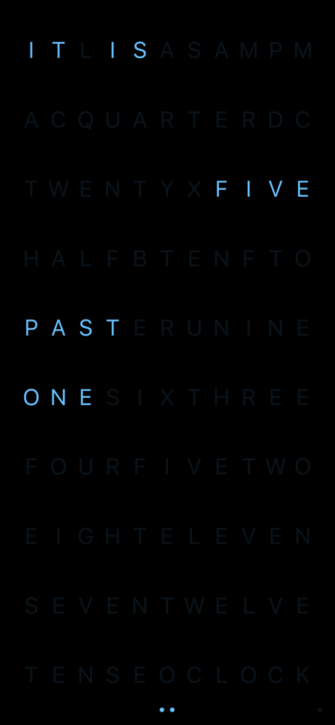 Pixel Clock - Retro Style - A retro pixel word clock displaying the time It Is Five Past One in light blue text on a black background