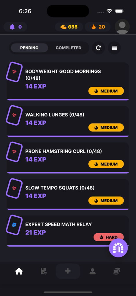 Levelite mobile app screen displaying a list of gamified fitness and mental habits with XP rewards and difficulty ratings