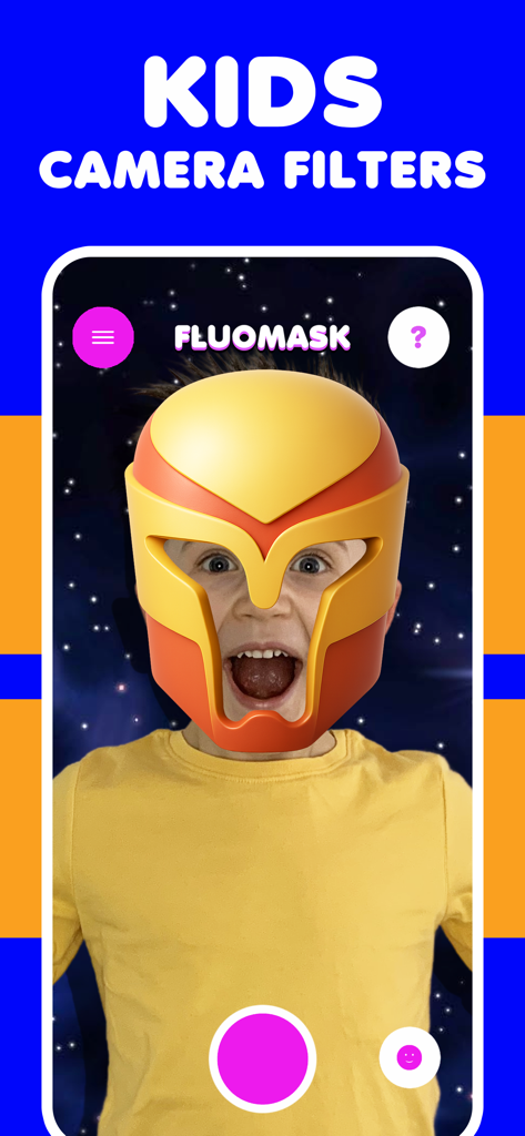 Face filter kids game FluoMask - A child wearing a yellow and orange superhero AR mask filter on the FluoMask app