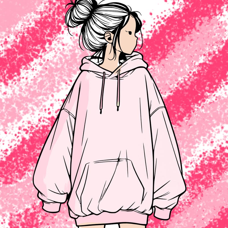 realistic girl with a oversized sweatshirt on and a bun