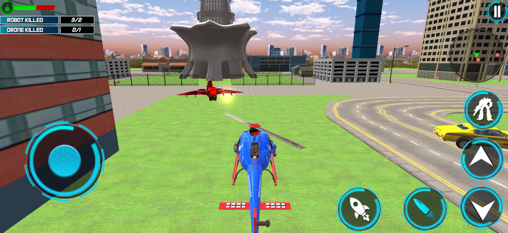 War Machines:Battle Robot Game - Robot helicóptero azul volando en un entorno de ciudad 3D con interfaz de combate