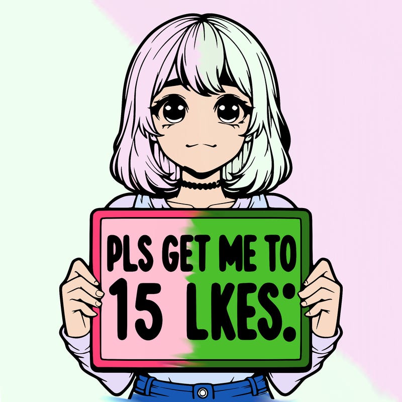 realistic girl holding up a sign that says “pls get me to 15 likes!”