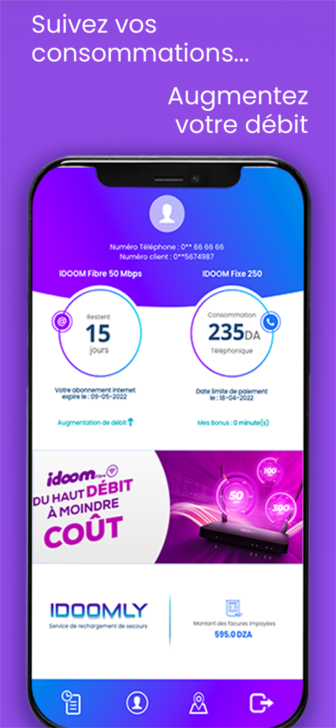 My Idoom - Interface mobile de l'application My Idoom montrant les jours restants de l'abonnement Internet et les détails de la consommation téléphonique