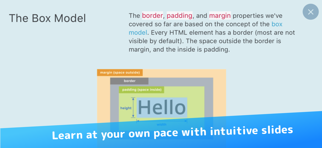 An educational slide from the Progate app explaining the CSS Box Model with a visual diagram of border padding and margin
