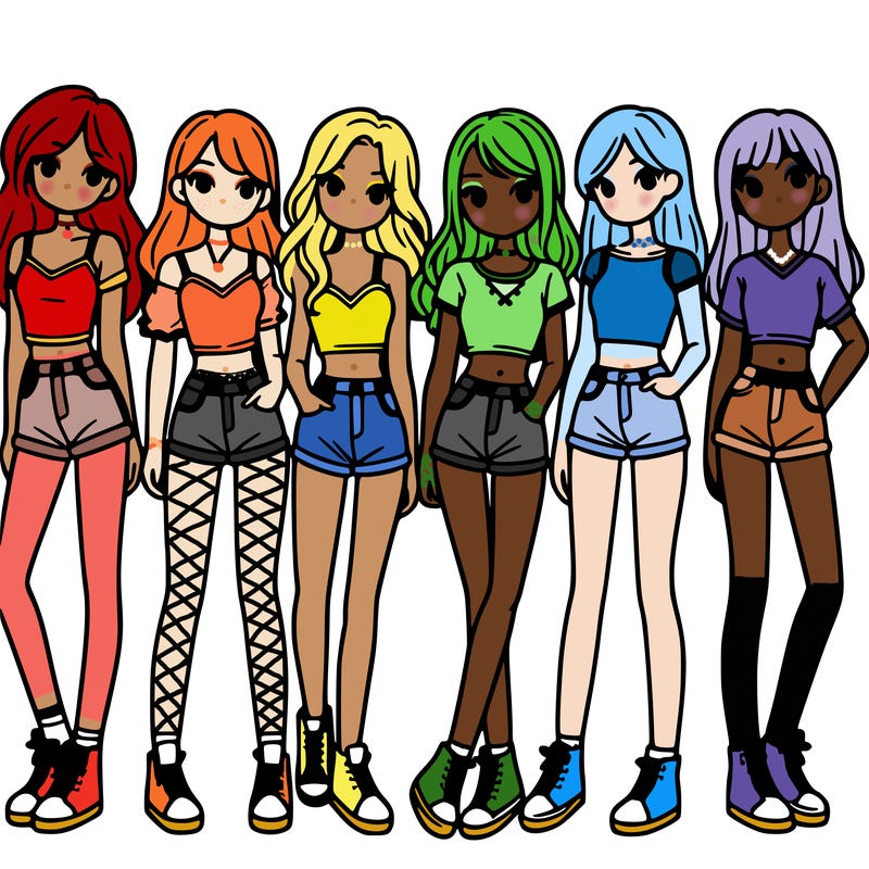 a group of girls wearing crop tops and shorts