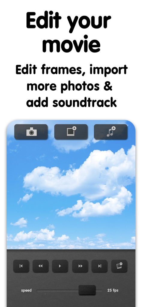 iMotion - Interface of the iMotion app showing video editing tools for frames and soundtracks