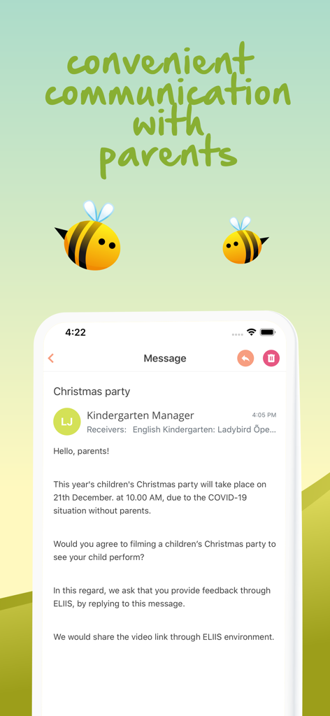 Eliis - Interface of the Eliis app showing a message from a kindergarten manager to parents about a school event.