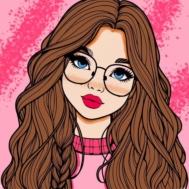 girl with long hair and freckles and glasses realistic