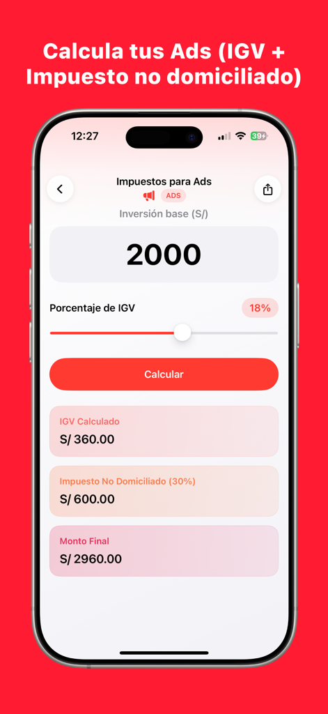 iPhone screen showing digital ads tax calculation with IGV and non-domiciled tax in the IGV Peru Tool app