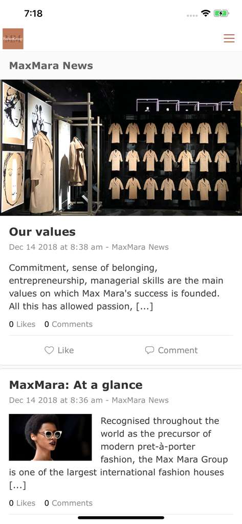 MMFG People - News feed of the MMFG People employee app featuring Max Mara corporate updates and brand news
