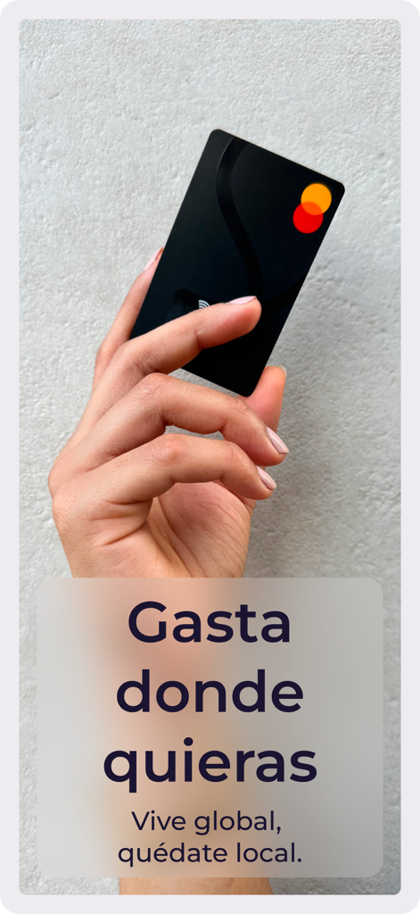 Uma mão segurando um elegante cartão de pagamento B2pay preto com texto sobre gastos globais