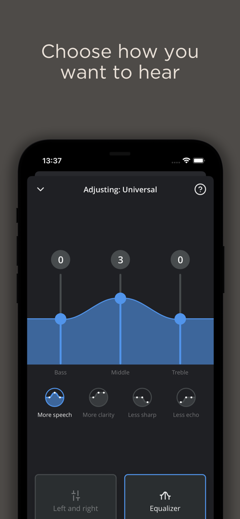 WIDEX MOMENT app interface showing equalizer controls for adjusting bass middle and treble