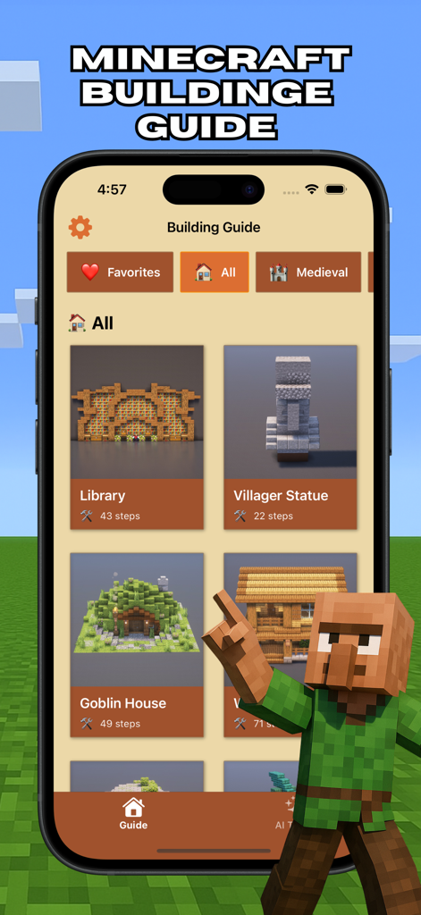 Building Guide For Minecraft - Interfaz de la aplicación Guía de Construcción Para Minecraft que muestra una lista de tutoriales de construcción y categorías