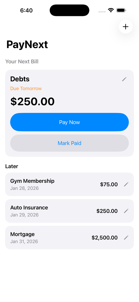 Pay It Next - Interfaccia dell'app Paga Avanti che mostra un riepilogo delle bollette imminenti e dello stato dei pagamenti.