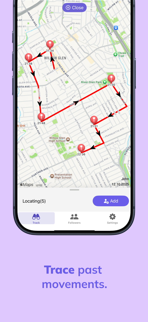 Tracker -Live Location Sharing - Captura de pantalla de la aplicación móvil que muestra un mapa con el historial de movimientos rastreados y marcadores de ubicación con marca de tiempo