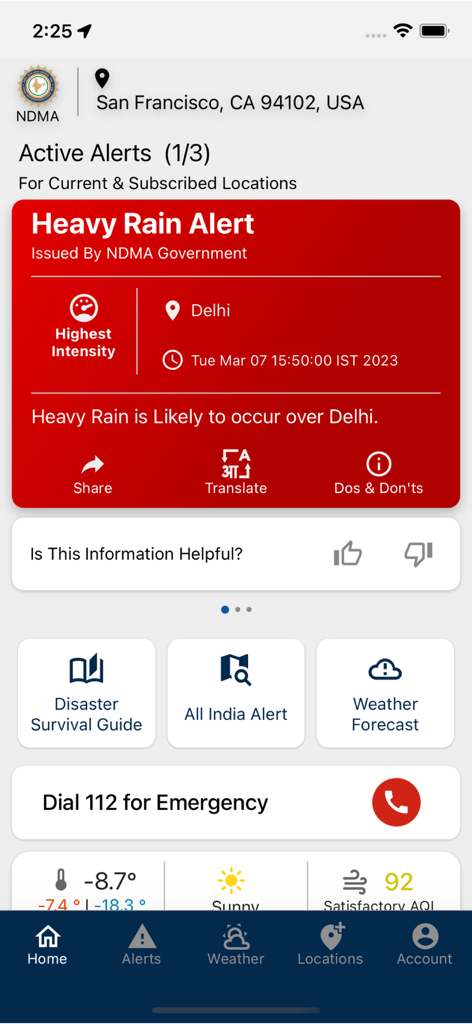 Sachet app home screen showing a heavy rain alert for Delhi while the user is in San Francisco