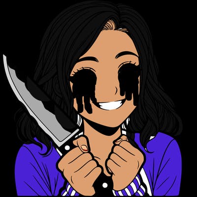 a realistic girl holding a knife and grinning