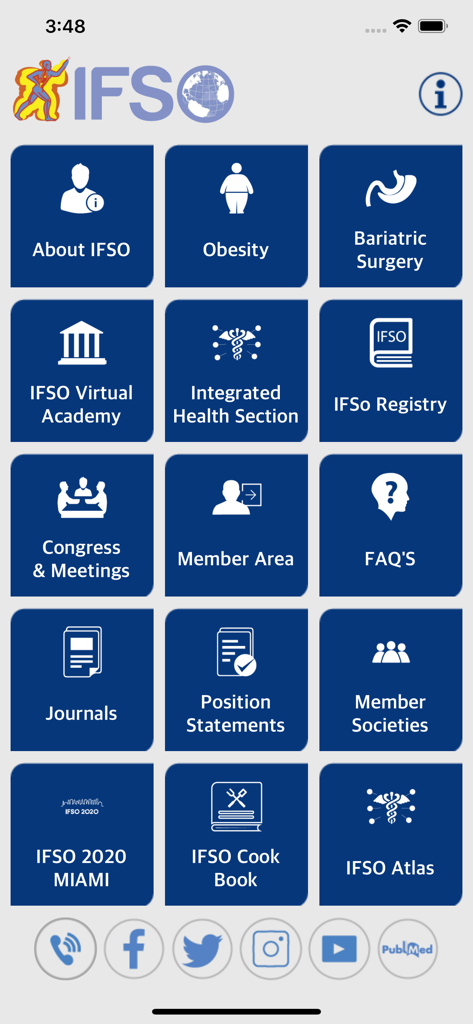 IFSO - The main dashboard of the IFSO app displaying icons for medical journals congress information and professional bariatric surgery resources.