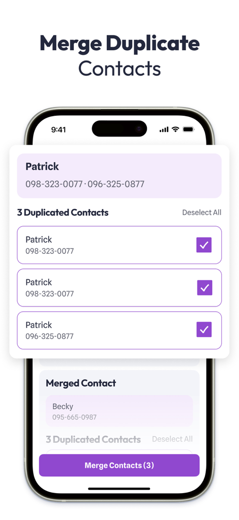 Interface for merging duplicate contacts in the Swipe Cleaner app