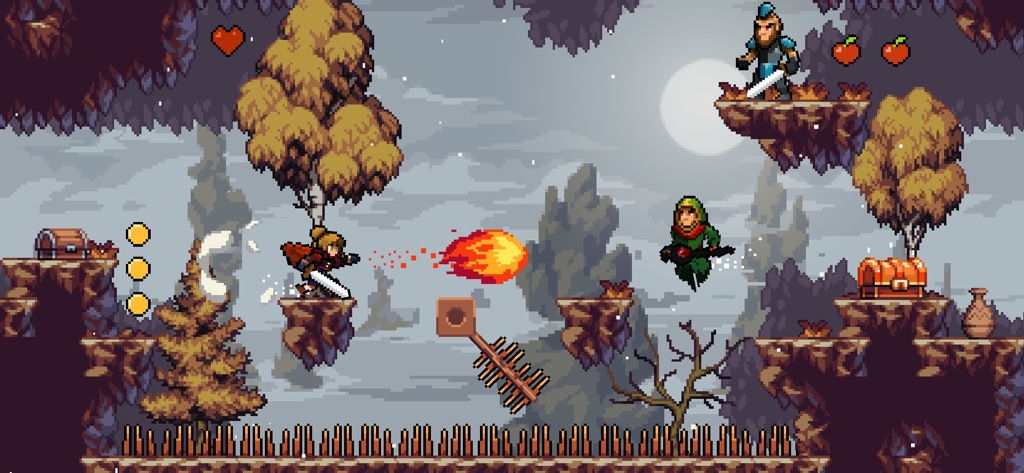 Apple Knight - Uma cena 2D de pixel art de Apple Knight mostrando um personagem atacando inimigos com bolas de fogo em um nível de floresta.