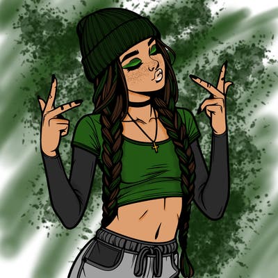 realistic teenage girl with braids and a beanie and crop top doing 🫶🏼