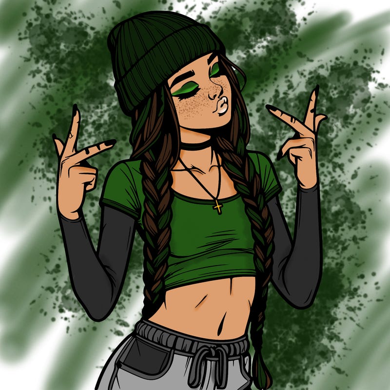 realistic teenage girl with braids and a beanie and crop top doing 🫶🏼