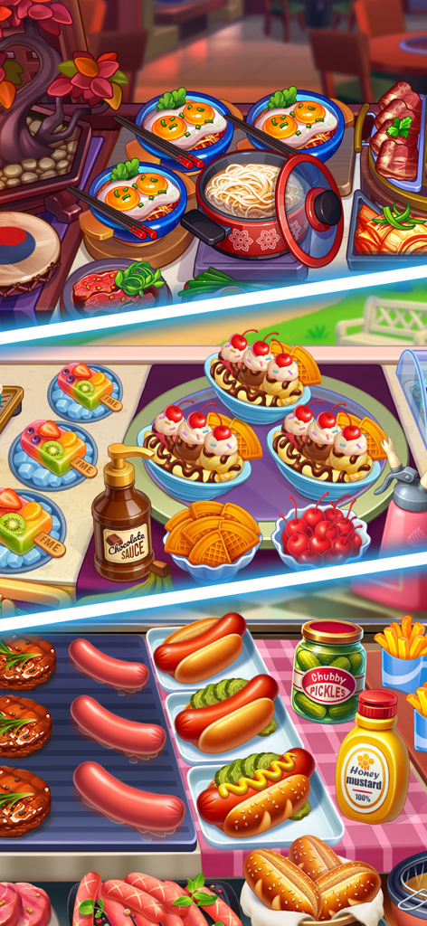 Cooking Chaos Cooking Games - Un collage que muestra tres estaciones de cocina diferentes en Cooking Chaos, que incluyen fideos asiáticos, postres y perritos calientes a la parrilla.