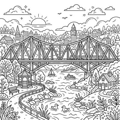 Embark on a coloring adventure with this stunning full-scene landscape featuring a magnificent truss bridge. Discover a charming riverside town, complete with a train, boats, and serene nature waiting for your creative touch.