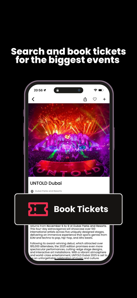 Tela de reserva de ingressos no aplicativo para um festival de música em Dubai com um botão Reservar Ingressos
