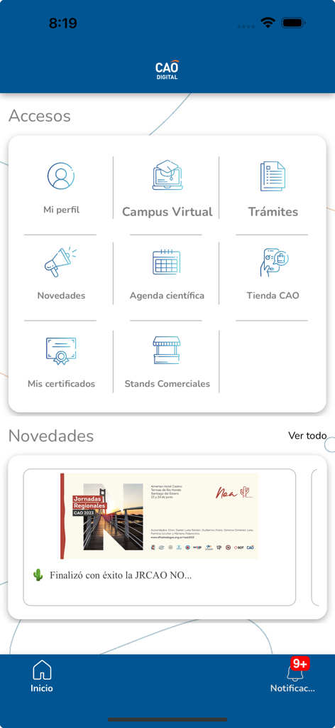 CAO Digital - Pantalla de inicio de la aplicación CAO Digital para oftalmólogos que presenta recursos profesionales y académicos