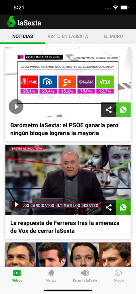 laSexta app interface displaying a news feed with articles about Spanish politics and election polls