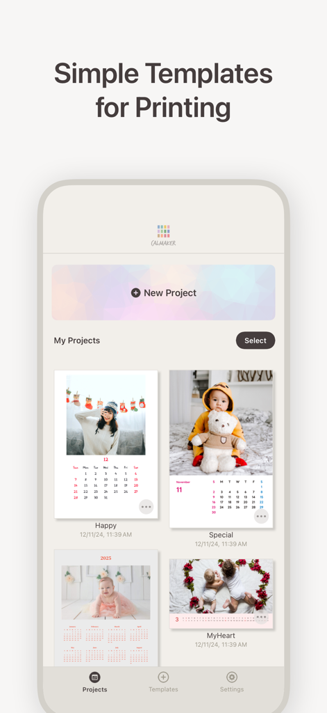 印刷準備完了のさまざまなパーソナライズされたフォトカレンダープロジェクトを表示するCalmakerアプリ画面
