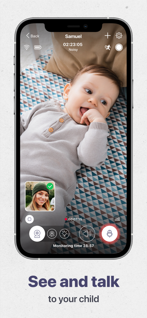 Interfaccia dell'app Baby Monitor 5G che mostra un feed video in diretta di un bambino con una piccola finestra in miniatura di una madre sorridente e il testo vedi e parla con tuo figlio
