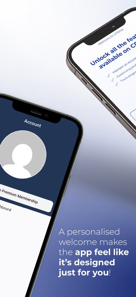 CPD Portfolio - A mobile display of the CPD Portfolio app featuring a personalized account page and welcome message for professionals